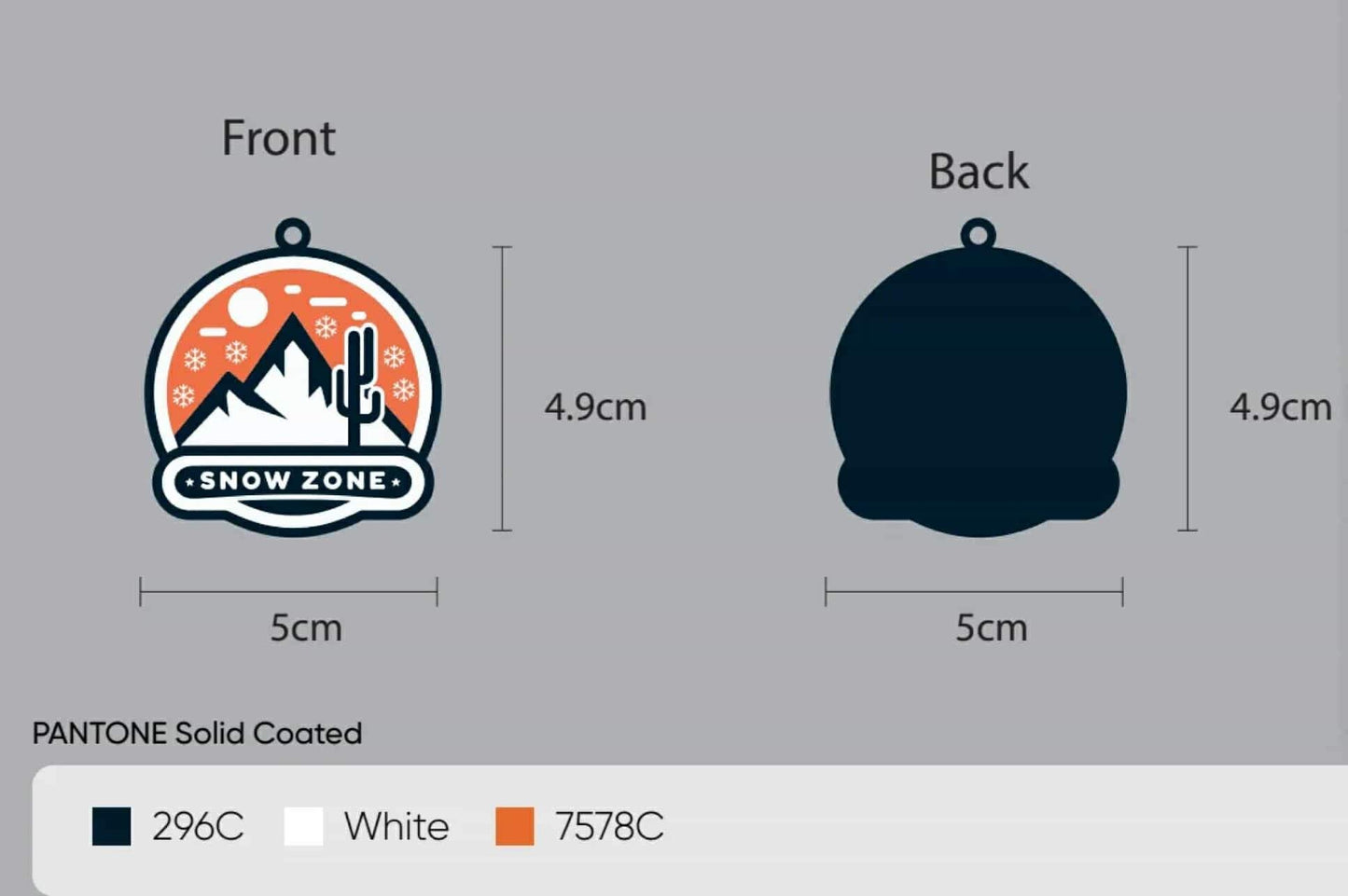 Front and back views of a 5x4.9 cm key chain with a snow zone mountain design in orange, white, and dark blue colors